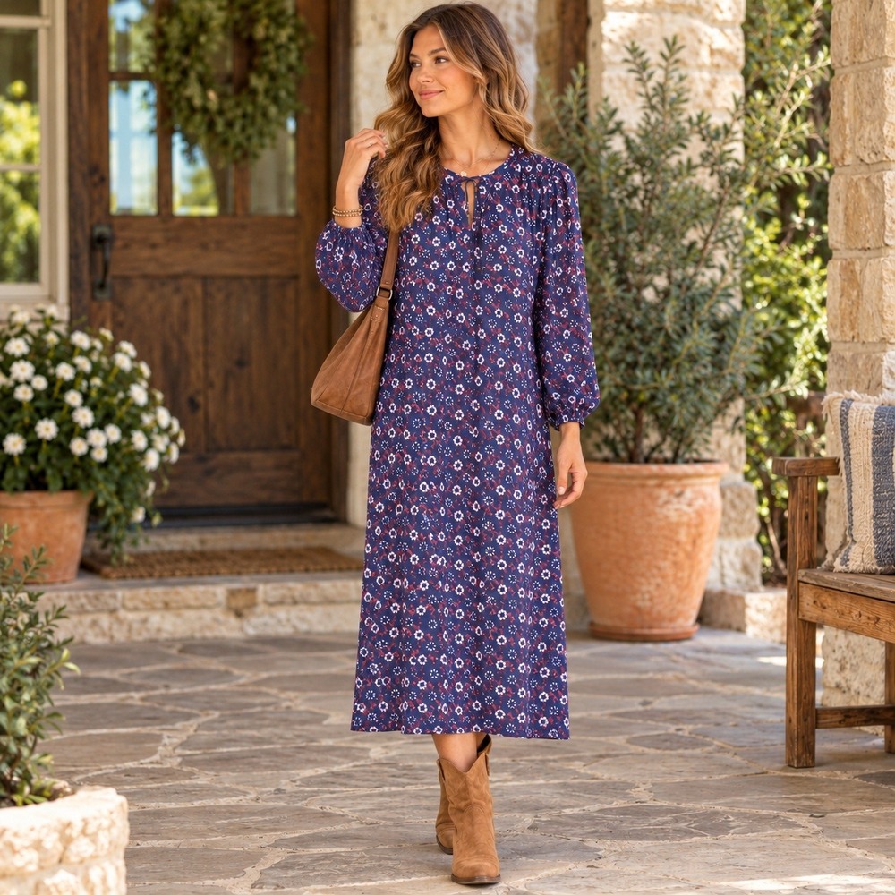 Xirena Laia Midi Dress Size XS Floral Cotton Silk Tie Neck Long Sleeve Boho
